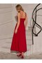 Women's Strappy Gathered Stone Slit Detailed Long Dress - 3