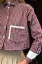 Women's Burgundy Striped Oversize Crop Woven Shirt with Garnished Cuffs and Pockets - 3