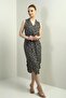 Women's Double Breasted Collar Waist Belted Ethnic Pattern Viscose Midi Dress with Side Slits - 2