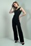Women's Wide Leg Pants with Sequin Stripes on the Sides and Belted Waist - 2