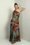 Women's One Shoulder Side Window Print Long Crepe Satin Dress - 3