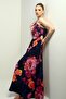 Women's One Shoulder Side Window Large Flower Print Long Crepe Satin Dress - 2
