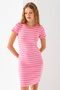 Women's Crew Neck Short Sleeve Striped Dress Pink White - 25539 - 5