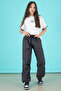 Smoked Written Oversize T-Shirt with Parachute Pants Girl's Suit 20294 - 6