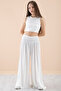 White Ribbed Cropled Girl's Wide Cut Pants Suit 20381 - 4