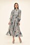 Pleated Paisley Pattern Slim Satin Dress Dark Blue 9343-E