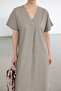 Women's Raw Linen V-Neck Dress Mink 3131 - 2