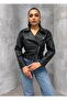 Crop Biker Leather Jacket with Waist Belt Detail - 2