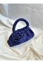 Navy Blue Satin Rose Portfolio Evening Dress Handbag - 4