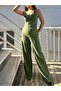 Women's Khaki Summer Wrap Fabric Degaje Collar Bottom Top Set - Strap Blouse & Wide Leg Pants