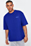 Cobalt Blue Oversize 100% Cotton Crew Neck Minimal Text Printed Tok Fabric T-Shirt Tmnss23Ts00084
