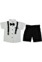Boy's White Patterned Shirt and Black Shorts Bow Tie Strap Suit - 2