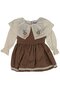Girl's Ecru Brown Plaid Patterned Collared Scalloped Flower Embroidered Dress - 4