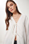 Contrast Striped Tie-Up Summer Blouse Ecru Lbv0060 - 4