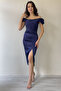 Women's Off Shoulder Satin Draped Midi Length Evening Dress with Slit Black, Navy Blue, White - 3