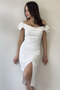 Women's Off Shoulder Satin Draped Midi Length Evening Dress with Slit Black, Navy Blue, White