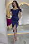 Women's Off Shoulder Satin Draped Midi Length Evening Dress with Slit Black, Navy Blue, White - 4