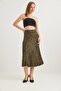 Elastic Waist Midi Length Satin Skirt Khaki - 3