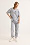 Print Detailed Short Sleeve Tracksuit Suit Gray - 4