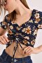 Patterned Princess Sleeve Front Gathered Blouse Navy Blue - 2