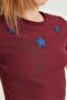 Star Detailed Corded Short Sleeve Crop Blouse Claret Red - 4