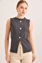 Crew Neck Gold Buttoned Ottoman Corded Blouse Smoked