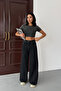 Black Stitching Detailed High Waist Denim Trousers