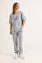 Print Detailed Short Sleeve Tracksuit Suit Gray