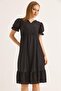 V-Neck Watermelon Sleeves Full Laced Lined Dress Black - 5