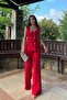 Women's Square Collar Vest Trousers Suit Red - 2