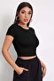 Women's Black Round Neck Half Sleeve Crop Top Blouse - 4