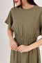 A-Line Short Sleeve Khaki Long Dress with Elastic Waist - 5