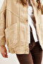 Women's Beige Pocketed Zippered Long Denim Jacket with Snap Fasteners Ckt-19000258 - 6
