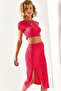 Women's Fuchsia Top Crop Blouse Bottom Asymmetrical Slit Suit TKM-19000220 - 4