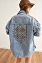 Women's Blue Cotton Denim Jacket with Shoulder and Back Embroidery Detail CKT-19000431 - 8