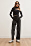 Women's Black Single Button Polyviscose Wide Leg Pantspnt- 19000305 - 3