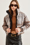 Women's Coffee Leopard Print Shiny Puffer Jacket with Pockets Mnt- 19000046 - 3