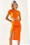 Women's Orange Top Crop Blouse Bottom Asymmetrical Slit Suit TKM-19000220 - 5