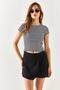 Women's Black Pleat Detailed Linen Shorts Skirt ETK-19000249 - 2