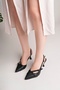 Women's Matte Black Leather Double Strap Buckle Detailed Stiletto Classic Heeled Shoes - 2