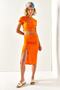 Women's Orange Top Crop Blouse Bottom Asymmetrical Slit Suit TKM-19000220 - 3
