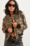 Women's Leopard Camel Pocketed Snap Closure Fleece-Lined Cropped Jacket CKT-19000365 - 5