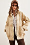 Women's Beige Pocketed Zippered Long Denim Jacket with Snap Fasteners Ckt-19000258 - 3