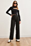 Women's Black Single Button Polyviscose Wide Leg Pantspnt- 19000305 - 2