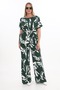 White Patterned Crew Neck Belted % Cotton Blouse Pants Suit 4050 Petrol Color - 4