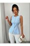 Women's Blue and White Striped Sleeveless Terycotton Shirt - Stylish Model with Waist Fitting - 7