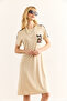 Women's Beige Leopard Garnished Crew Neck Dress Elb-19002396 - 4