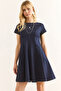 Women's Navy Blue Back Zipper Piece Bell Denim Dress Elb-19002400