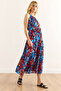 Women's Blue Red Halter Neck Belted Woven Viscon Dress Elb-19001548 - 3