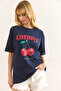 Women's Navy Blue Cherry Printed Cotton T-Shirt Tsh-19000895